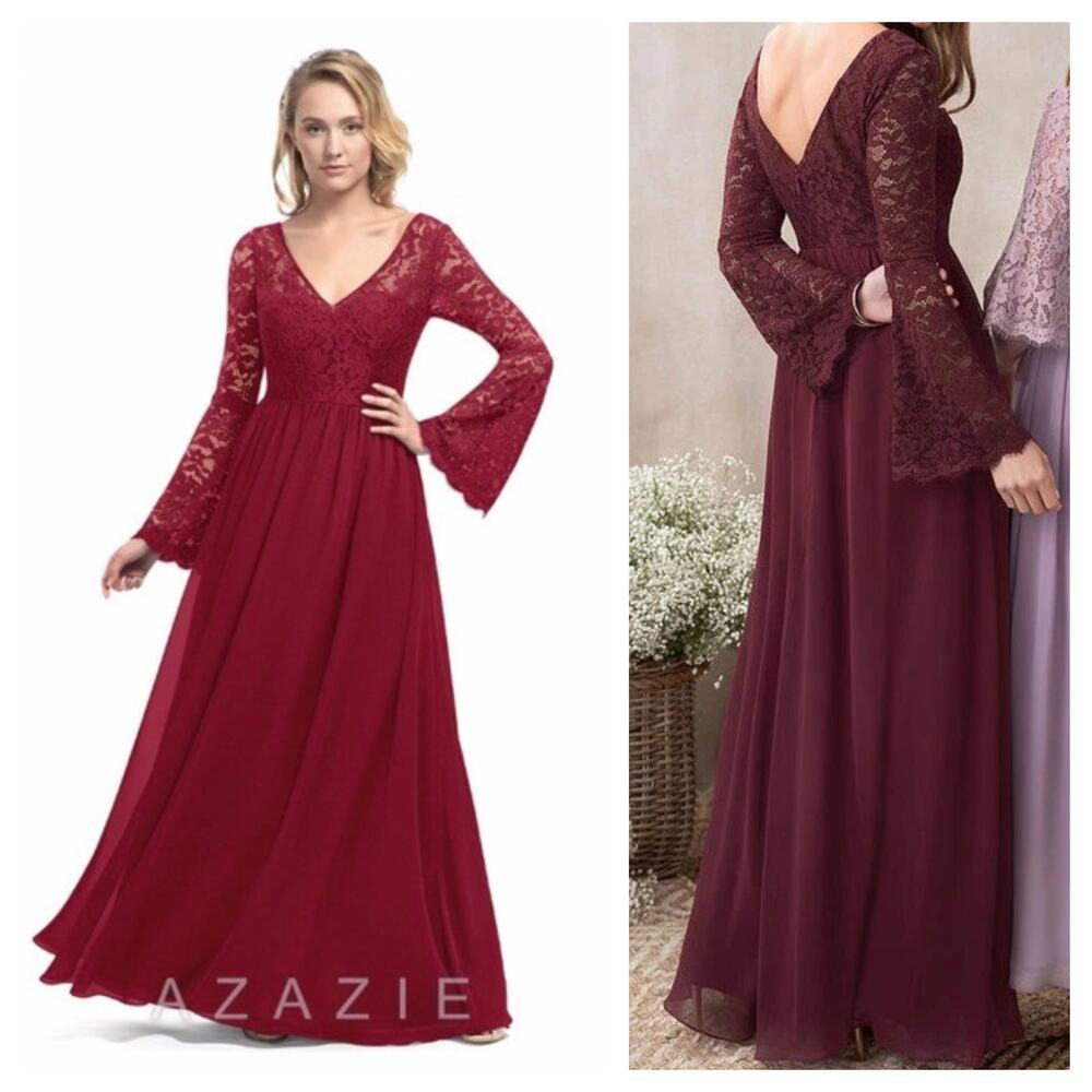 [Azazie] Hurley Lace V-Neck Bell Sleeve Chiffon Bridesmaid Maxi Dress NWT Sz 18